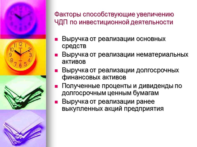 Факторы способствующие увеличению ЧДП по инвестиционной деятельности Выручка от реализации основных средств Выручка от